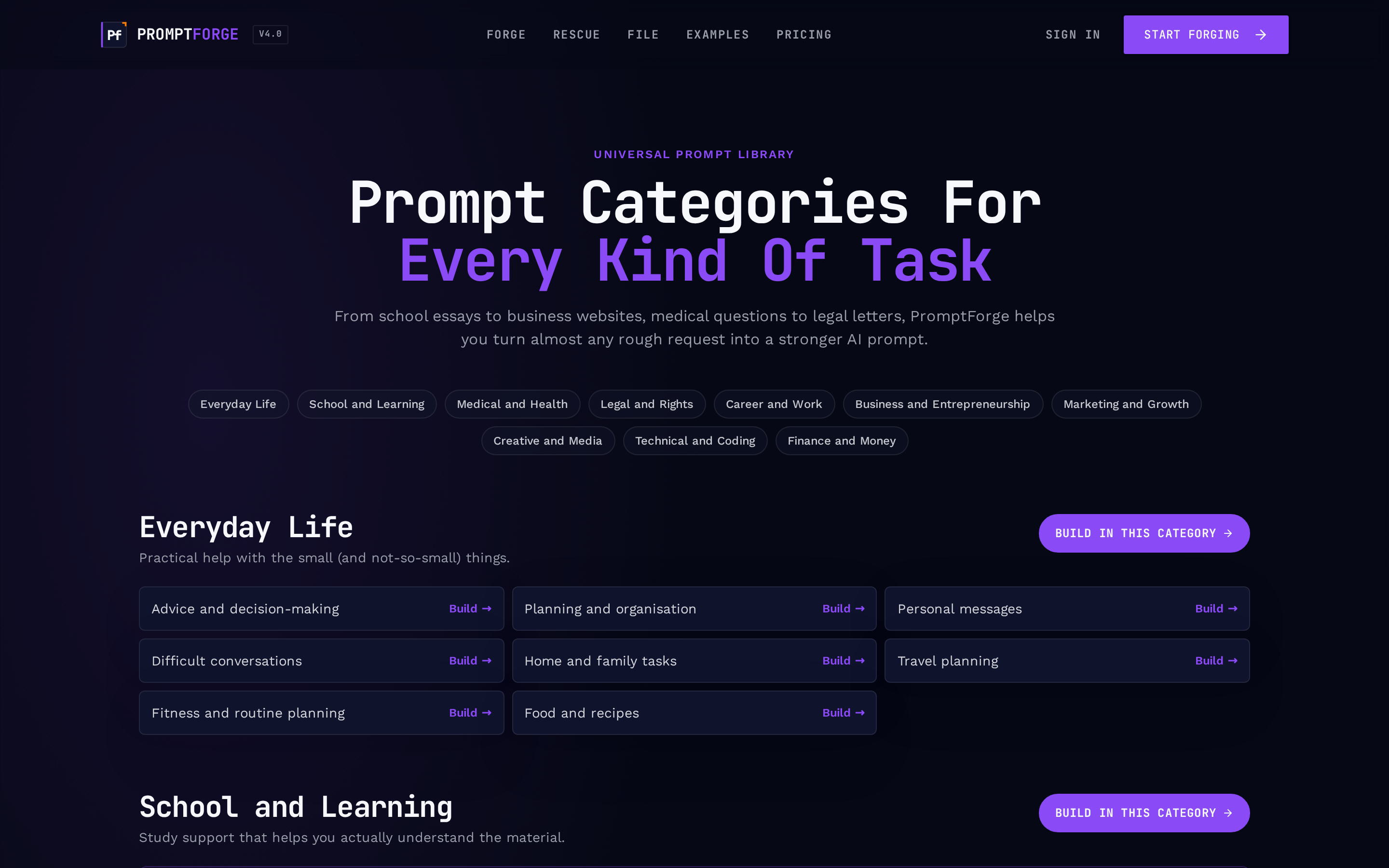 Categories page
